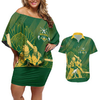 South Africa Cricket Champion Custom Couples Matching Off Shoulder Short Dress and Hawaiian Shirt Proteas Rock The World - Wonder Print Shop