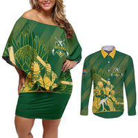South Africa Cricket Champion Custom Couples Matching Off Shoulder Short Dress and Long Sleeve Button Shirt Proteas Rock The World - Wonder Print Shop