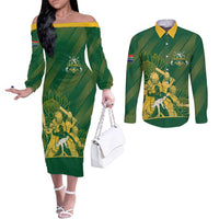 South Africa Cricket Champion Custom Couples Matching Off The Shoulder Long Sleeve Dress and Long Sleeve Button Shirt Proteas Rock The World - Wonder Print Shop