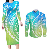 Polynesian Pride Couples Matching Long Sleeve Bodycon Dress and Long Sleeve Button Shirts Turtle Hibiscus Luxury Style - Gradient Blue LT7 - Wonder Print Shop