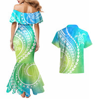 Polynesian Pride Couples Matching Mermaid Dress and Hawaiian Shirt Turtle Hibiscus Luxury Style - Gradient Blue LT7 - Wonder Print Shop