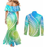 polynesian-pride-couples-matching-mermaid-dress-and-long-sleeve-button-shirts-turtle-hibiscus-luxury-style-gradient-blue