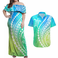 Polynesian Pride Couples Matching Off Shoulder Maxi Dress and Hawaiian Shirt Turtle Hibiscus Luxury Style - Gradient Blue LT7 - Wonder Print Shop