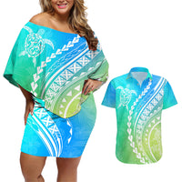 Polynesian Pride Couples Matching Off Shoulder Short Dress and Hawaiian Shirt Turtle Hibiscus Luxury Style - Gradient Blue LT7 - Wonder Print Shop