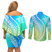 Polynesian Pride Couples Matching Off Shoulder Short Dress and Long Sleeve Button Shirts Turtle Hibiscus Luxury Style - Gradient Blue LT7 - Wonder Print Shop