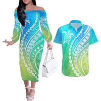 Polynesian Pride Couples Matching Off The Shoulder Long Sleeve Dress and Hawaiian Shirt Turtle Hibiscus Luxury Style - Gradient Blue LT7 - Wonder Print Shop