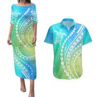Polynesian Pride Couples Matching Puletasi Dress and Hawaiian Shirt Turtle Hibiscus Luxury Style - Gradient Blue LT7 - Wonder Print Shop