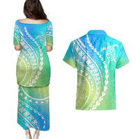 Polynesian Pride Couples Matching Puletasi Dress and Hawaiian Shirt Turtle Hibiscus Luxury Style - Gradient Blue LT7 - Wonder Print Shop