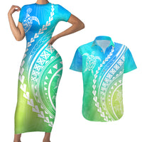 Polynesian Pride Couples Matching Short Sleeve Bodycon Dress and Hawaiian Shirt Turtle Hibiscus Luxury Style - Gradient Blue LT7 - Wonder Print Shop