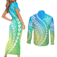 Polynesian Pride Couples Matching Short Sleeve Bodycon Dress and Long Sleeve Button Shirts Turtle Hibiscus Luxury Style - Gradient Blue LT7 - Wonder Print Shop