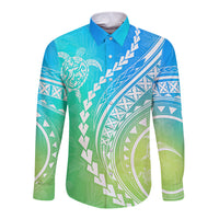 Polynesian Pride Long Sleeve Button Shirt Turtle Hibiscus Luxury Style - Gradient Blue - Wonder Print Shop
