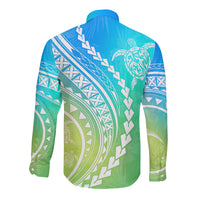 Polynesian Pride Long Sleeve Button Shirt Turtle Hibiscus Luxury Style - Gradient Blue - Wonder Print Shop