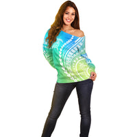 Polynesian Pride Off Shoulder Sweater Turtle Hibiscus Luxury Style - Gradient Blue - Wonder Print Shop
