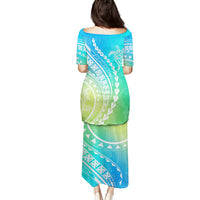 Polynesian Pride Puletasi Turtle Hibiscus Luxury Style - Gradient Blue - Wonder Print Shop