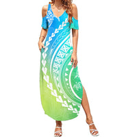 Polynesian Pride Summer Maxi Dress Turtle Hibiscus Luxury Style - Gradient Blue - Wonder Print Shop