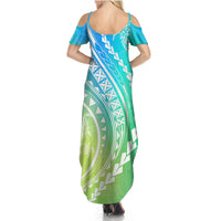 Polynesian Pride Summer Maxi Dress Turtle Hibiscus Luxury Style - Gradient Blue - Wonder Print Shop