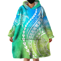 Polynesian Pride Wearable Blanket Hoodie Turtle Hibiscus Luxury Style - Gradient Blue - Wonder Print Shop