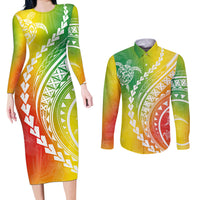 Polynesian Pride Couples Matching Long Sleeve Bodycon Dress and Long Sleeve Button Shirts Turtle Hibiscus Luxury Style - Reggae LT7 - Wonder Print Shop