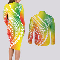 Polynesian Pride Couples Matching Long Sleeve Bodycon Dress and Long Sleeve Button Shirts Turtle Hibiscus Luxury Style - Reggae LT7 - Wonder Print Shop