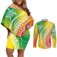 Polynesian Pride Couples Matching Off Shoulder Short Dress and Long Sleeve Button Shirts Turtle Hibiscus Luxury Style - Reggae LT7 - Wonder Print Shop
