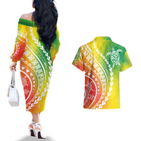 Polynesian Pride Couples Matching Off The Shoulder Long Sleeve Dress and Hawaiian Shirt Turtle Hibiscus Luxury Style - Reggae LT7 - Wonder Print Shop