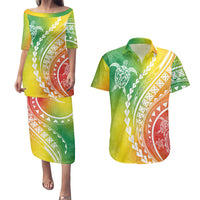Polynesian Pride Couples Matching Puletasi Dress and Hawaiian Shirt Turtle Hibiscus Luxury Style - Reggae LT7 - Wonder Print Shop