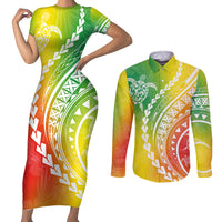 Polynesian Pride Couples Matching Short Sleeve Bodycon Dress and Long Sleeve Button Shirts Turtle Hibiscus Luxury Style - Reggae LT7 - Wonder Print Shop