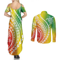 Polynesian Pride Couples Matching Summer Maxi Dress and Long Sleeve Button Shirts Turtle Hibiscus Luxury Style - Reggae LT7 - Wonder Print Shop