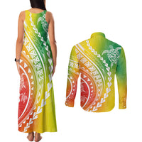 Polynesian Pride Couples Matching Tank Maxi Dress and Long Sleeve Button Shirts Turtle Hibiscus Luxury Style - Reggae LT7 - Wonder Print Shop