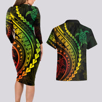 Polynesian Pride Couples Matching Long Sleeve Bodycon Dress and Hawaiian Shirt Turtle Hibiscus Luxury Style - Reggae Ver2 LT7 - Wonder Print Shop