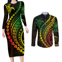 Polynesian Pride Couples Matching Long Sleeve Bodycon Dress and Long Sleeve Button Shirts Turtle Hibiscus Luxury Style - Reggae Ver2 LT7 - Wonder Print Shop