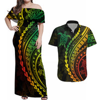 Polynesian Pride Couples Matching Off Shoulder Maxi Dress and Hawaiian Shirt Turtle Hibiscus Luxury Style - Reggae Ver2 LT7 - Wonder Print Shop