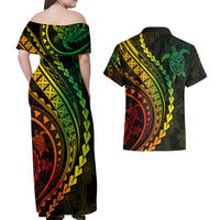 Polynesian Pride Couples Matching Off Shoulder Maxi Dress and Hawaiian Shirt Turtle Hibiscus Luxury Style - Reggae Ver2 LT7 - Wonder Print Shop