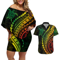 Polynesian Pride Couples Matching Off Shoulder Short Dress and Hawaiian Shirt Turtle Hibiscus Luxury Style - Reggae Ver2 LT7 - Wonder Print Shop