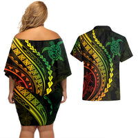 Polynesian Pride Couples Matching Off Shoulder Short Dress and Hawaiian Shirt Turtle Hibiscus Luxury Style - Reggae Ver2 LT7 - Wonder Print Shop