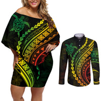 Polynesian Pride Couples Matching Off Shoulder Short Dress and Long Sleeve Button Shirts Turtle Hibiscus Luxury Style - Reggae Ver2 LT7 - Wonder Print Shop