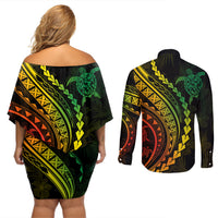 Polynesian Pride Couples Matching Off Shoulder Short Dress and Long Sleeve Button Shirts Turtle Hibiscus Luxury Style - Reggae Ver2 LT7 - Wonder Print Shop