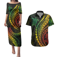 Polynesian Pride Couples Matching Puletasi Dress and Hawaiian Shirt Turtle Hibiscus Luxury Style - Reggae Ver2 LT7 - Wonder Print Shop