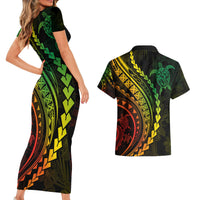 Polynesian Pride Couples Matching Short Sleeve Bodycon Dress and Hawaiian Shirt Turtle Hibiscus Luxury Style - Reggae Ver2 LT7 - Wonder Print Shop
