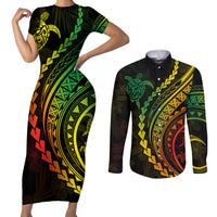 Polynesian Pride Couples Matching Short Sleeve Bodycon Dress and Long Sleeve Button Shirts Turtle Hibiscus Luxury Style - Reggae Ver2 LT7 - Wonder Print Shop