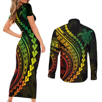 Polynesian Pride Couples Matching Short Sleeve Bodycon Dress and Long Sleeve Button Shirts Turtle Hibiscus Luxury Style - Reggae Ver2 LT7 - Wonder Print Shop