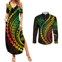 Polynesian Pride Couples Matching Summer Maxi Dress and Long Sleeve Button Shirts Turtle Hibiscus Luxury Style - Reggae Ver2 LT7 - Wonder Print Shop
