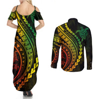 Polynesian Pride Couples Matching Summer Maxi Dress and Long Sleeve Button Shirts Turtle Hibiscus Luxury Style - Reggae Ver2 LT7 - Wonder Print Shop