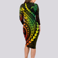 Polynesian Pride Long Sleeve Bodycon Dress Turtle Hibiscus Luxury Style - Reggae Ver2 - Wonder Print Shop