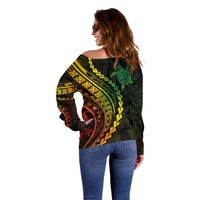 Polynesian Pride Off Shoulder Sweater Turtle Hibiscus Luxury Style - Reggae Ver2 - Wonder Print Shop