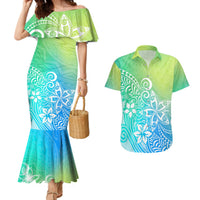 Polynesia Couples Matching Mermaid Dress and Hawaiian Shirt Plumeria Blue Gradient Curves LT7 - Wonder Print Shop