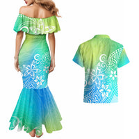 Polynesia Couples Matching Mermaid Dress and Hawaiian Shirt Plumeria Blue Gradient Curves LT7 - Wonder Print Shop