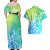 Polynesia Couples Matching Off Shoulder Maxi Dress and Hawaiian Shirt Plumeria Blue Gradient Curves LT7 - Wonder Print Shop