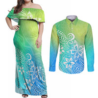 Polynesia Couples Matching Off Shoulder Maxi Dress and Long Sleeve Button Shirts Plumeria Blue Gradient Curves LT7 - Wonder Print Shop