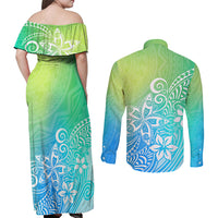 Polynesia Couples Matching Off Shoulder Maxi Dress and Long Sleeve Button Shirts Plumeria Blue Gradient Curves LT7 - Wonder Print Shop